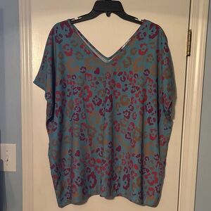 First Love Vibrant Blue and Pink Leopard Print Blouse